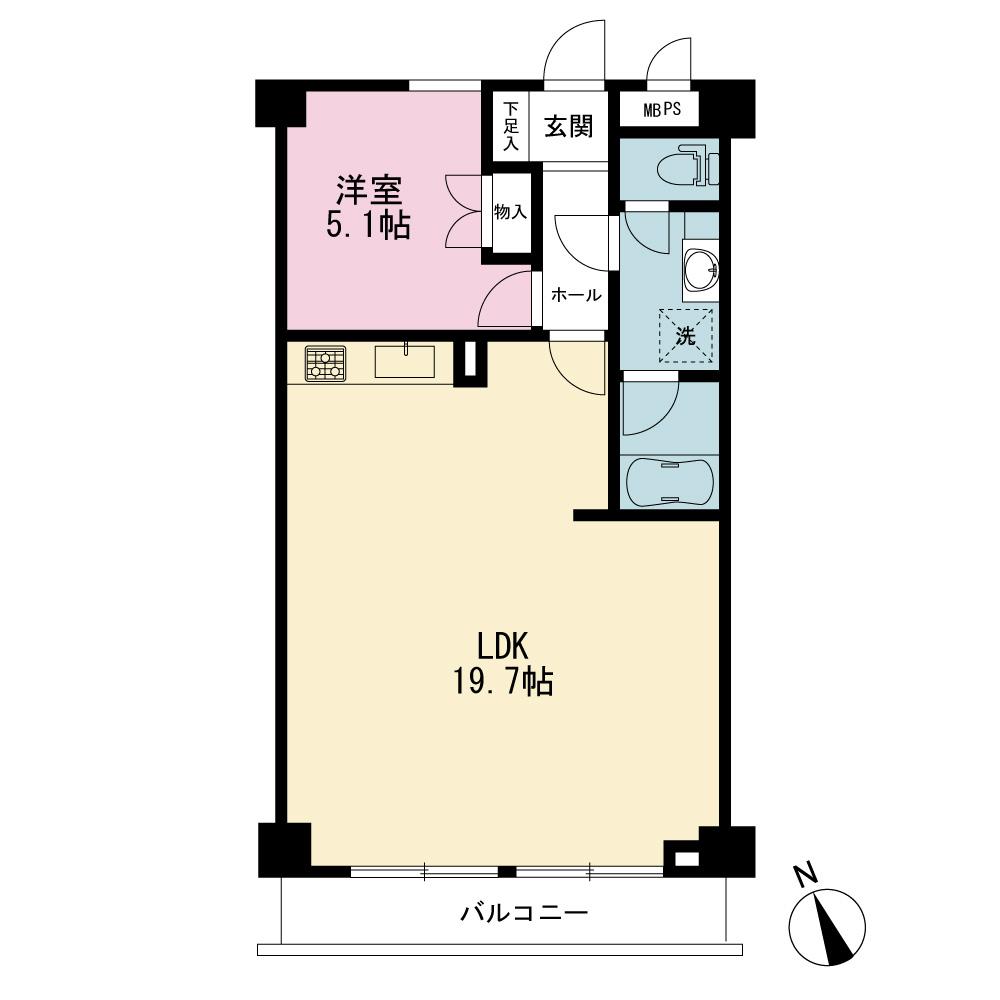 Floor plan. 1LDK, Price 9.8 million yen, Occupied area 50.07 sq m , Balcony area 5.4 sq m