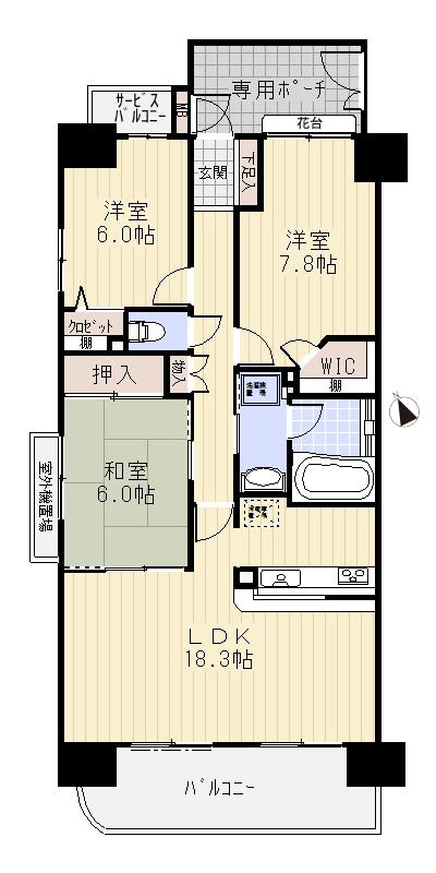 Floor plan. 3LDK, Price 20.8 million yen, Occupied area 83.82 sq m , Balcony area 11.6 sq m