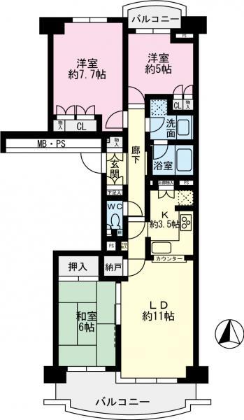 Floor plan. 3LDK, Price 21,800,000 yen, Occupied area 76.28 sq m , Balcony area 12.41 sq m