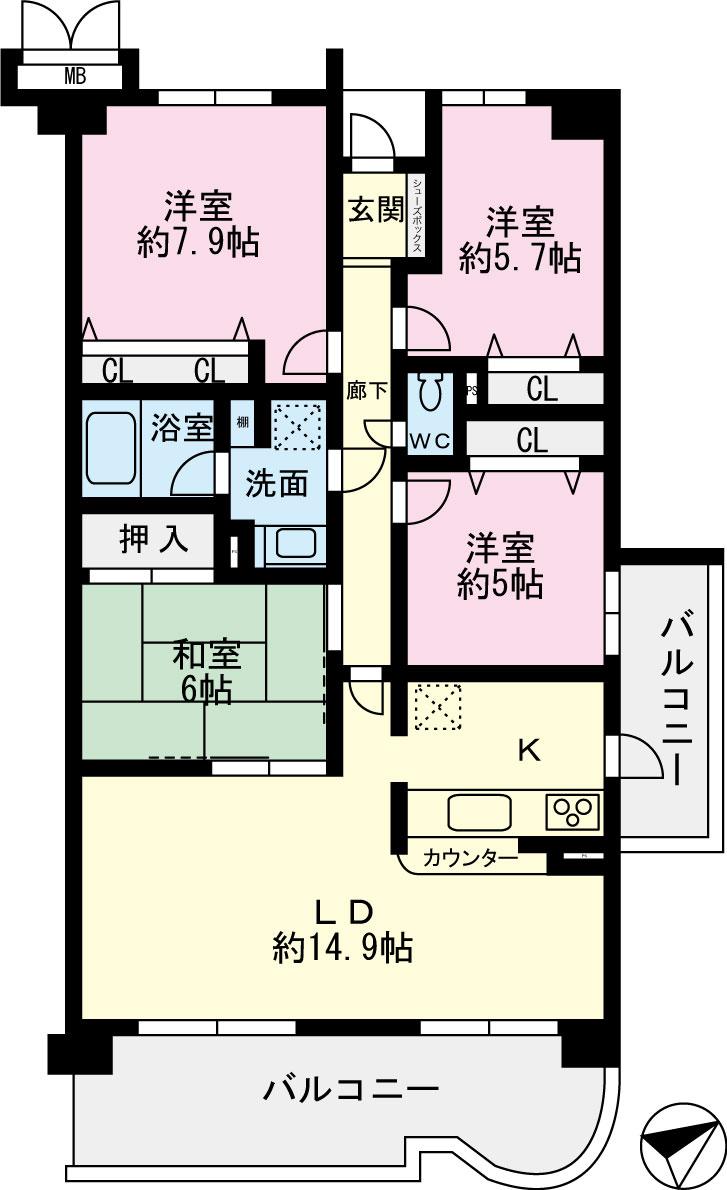 Floor plan. 4LDK, Price 26,800,000 yen, Occupied area 92.68 sq m , Open feeling good every balcony area 14.6 sq m square room