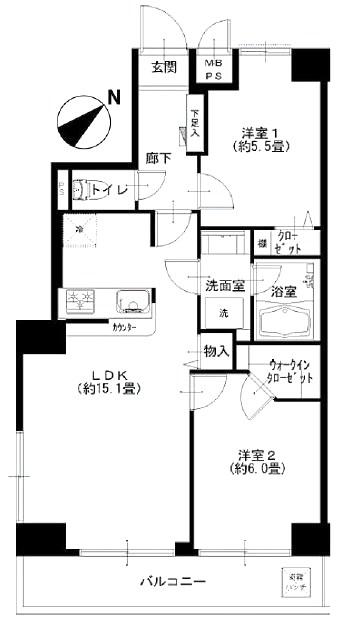 Floor plan. 2LDK, Price 19.9 million yen, Occupied area 58.61 sq m , Balcony area 7.65 sq m
