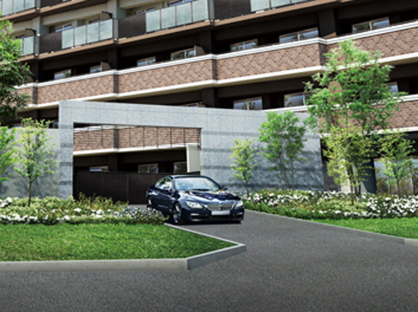 Features of the building.  [Entrance approach Rendering] And residents to use the private car, Resident to move on foot. It was to ensure the flow line of people car isolation designed in consideration of both convenience and safety. Home you have a small child because there is no that flow line of each other crosses also can live with peace of mind.