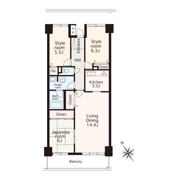 Floor plan. 3LDK, Price 27.5 million yen, Footprint 80.9 sq m , Balcony area 9.45 sq m