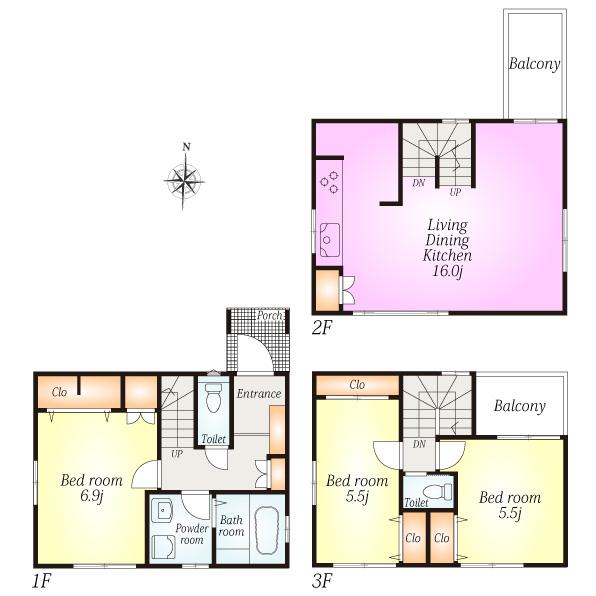 Floor plan. (1 Building), Price 29,800,000 yen, 3LDK, Land area 71.57 sq m , Building area 86.08 sq m
