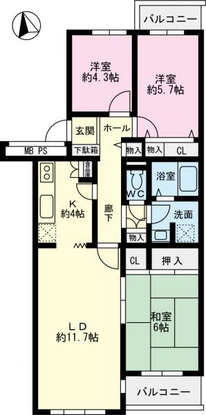Floor plan. 3LDK, Price 14.8 million yen, Occupied area 73.76 sq m , Balcony area 6.44 sq m