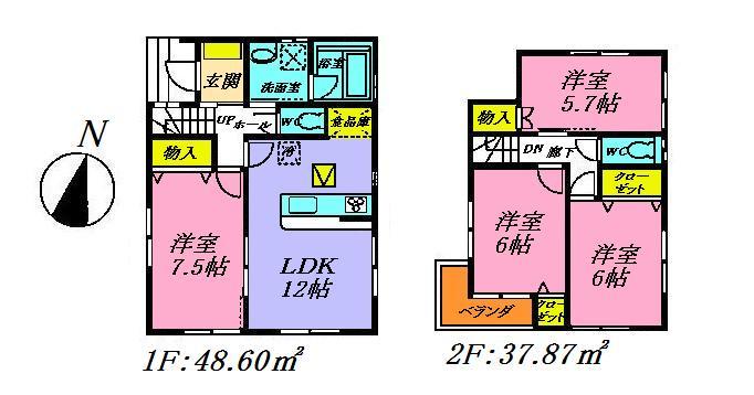 Floor plan. 29,900,000 yen, 3LDK, Land area 101.44 sq m , A building area of ​​86.47 sq m face-to-face kitchen LDK and Western 7.5 Pledge, Western-style 6 Pledge ・ Western-style 6 Pledge ・ Western-style is the floor plan of 4LDK of 5.7 quires. Ventilation is also good in all rooms two sides lighting.