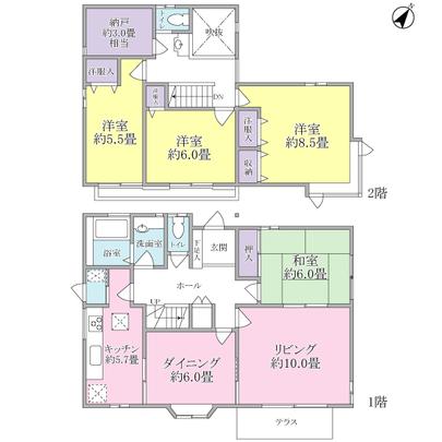 Floor plan. 4L ・ D ・ K + closet is taken between the type. Japanese-style room than is the south-facing. 2 Kaitoyo