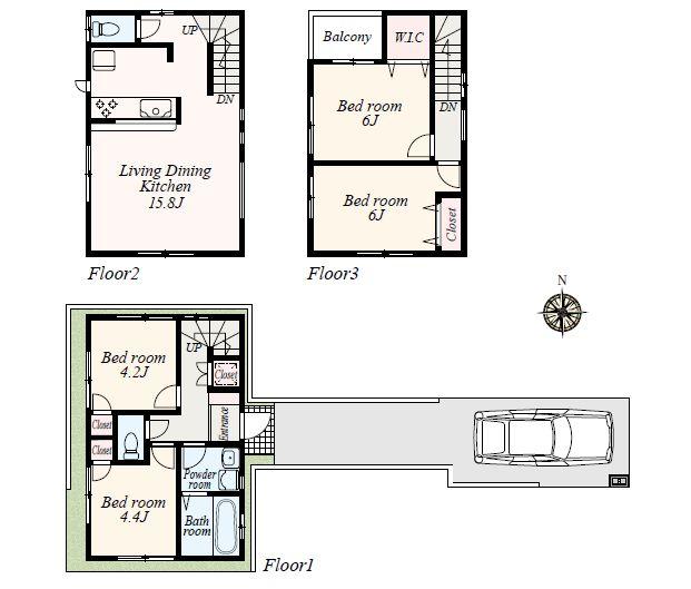 Floor plan. (3 Building), Price 33,958,000 yen, 4LDK, Land area 64.3 sq m , Building area 86.74 sq m