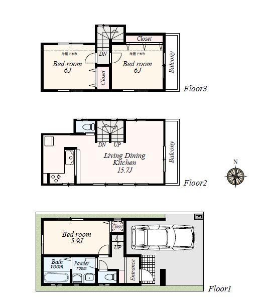 Floor plan. (5 Building), Price 33,458,000 yen, 3LDK, Land area 53.01 sq m , Building area 87.93 sq m