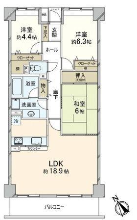 Floor plan. 3LDK, Price 31,800,000 yen, Footprint 80.9 sq m , Balcony area 9.45 sq m