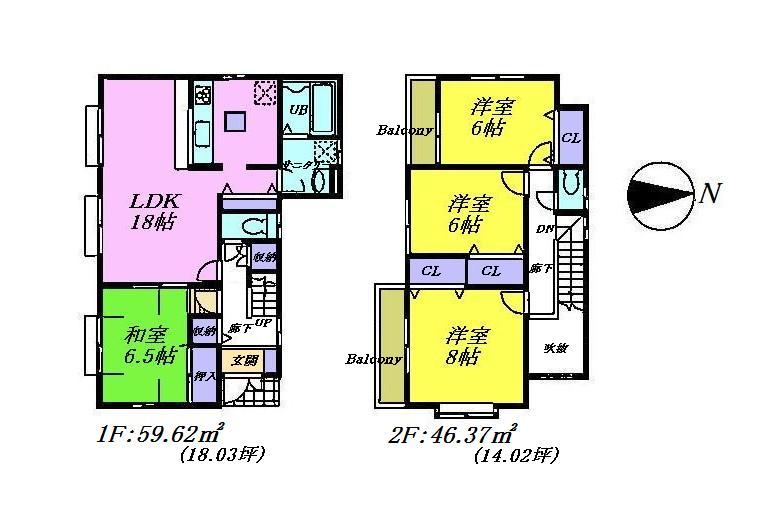 Floor plan. 40,800,000 yen, 4LDK, Land area 175.59 sq m , Is 4LDK of LDK18 Pledge and the main bedroom 8 pledge of building area 105.99 sq m face-to-face kitchen. All room is 6 Pledge or more of floor plans with storage. 