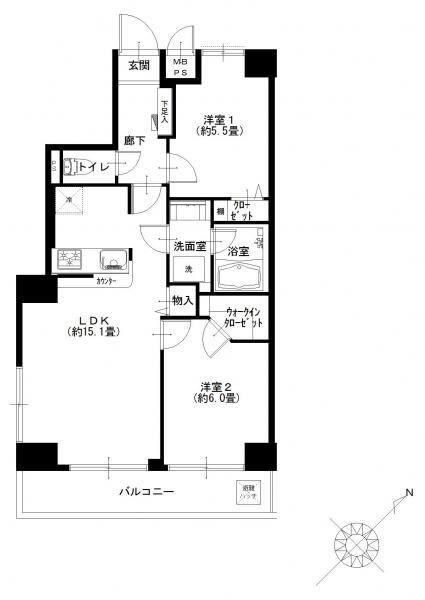 Floor plan. 2LDK, Price 19.9 million yen, Occupied area 58.61 sq m , Balcony area 7.65 sq m