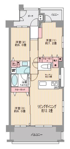 Floor plan. 3LDK, Price 24,800,000 yen, Occupied area 75.97 sq m , Balcony area 5.83 sq m