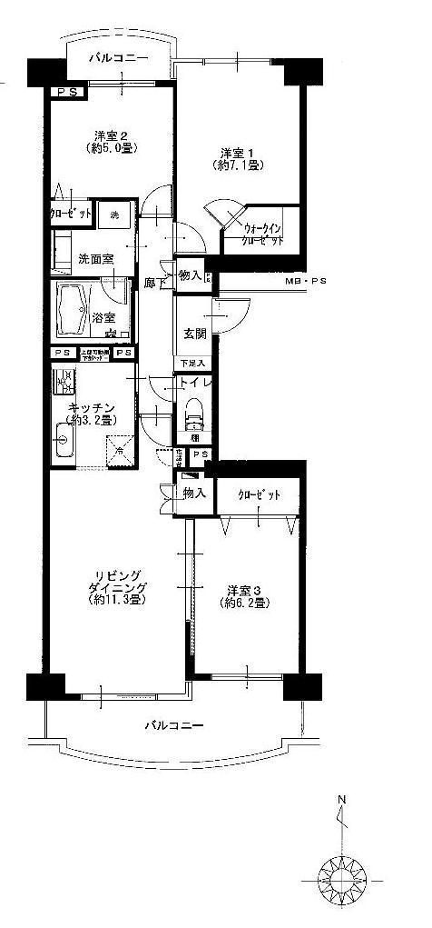 Floor plan. 3LDK, Price 26,900,000 yen, Occupied area 76.28 sq m , Balcony area 12.71 sq m