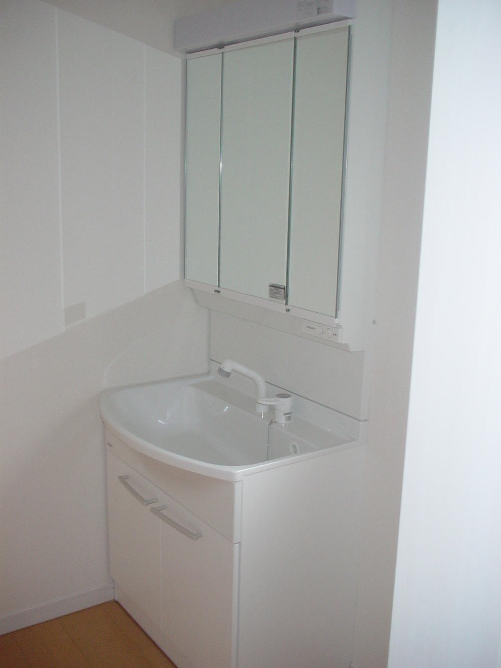 Wash basin, toilet. Three-sided mirror, Equipped with a vanity with shower. 