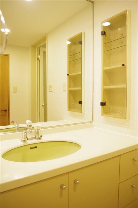 Wash basin, toilet. Large vanity mirror