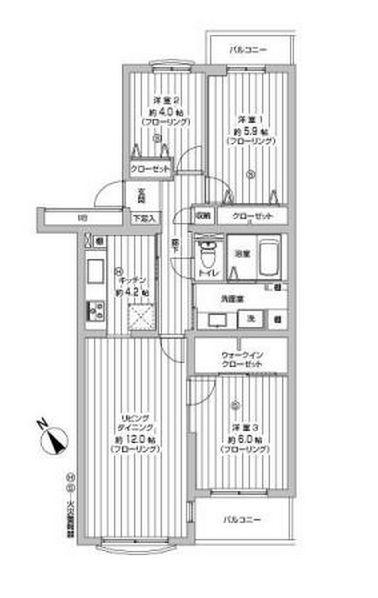 Floor plan. 3LDK, Price 21,800,000 yen, Occupied area 73.76 sq m , Balcony area 6.44 sq m