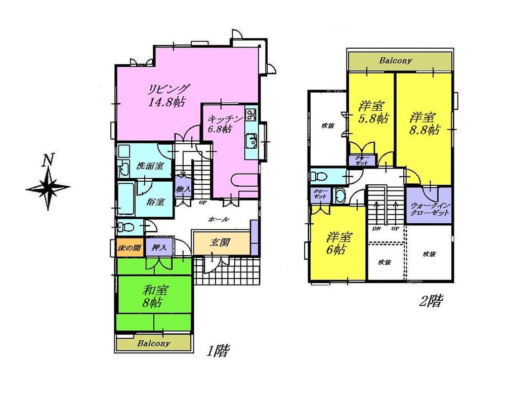 Floor plan. 38,800,000 yen, 4LDK, Land area 236.62 sq m , Building area 130.52 sq m LDK is loose and 21.6 quires, Walk-in closet with a main bedroom 8.8 Pledge, 4LDK there, such as 8 quires Japanese-style room. The upper part of the entrance hall is the atrium full of sense of openness. 
