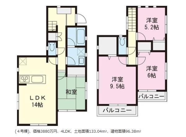Floor plan. (4 Building), Price 38,800,000 yen, 4LDK, Land area 133.04 sq m , Building area 96.38 sq m