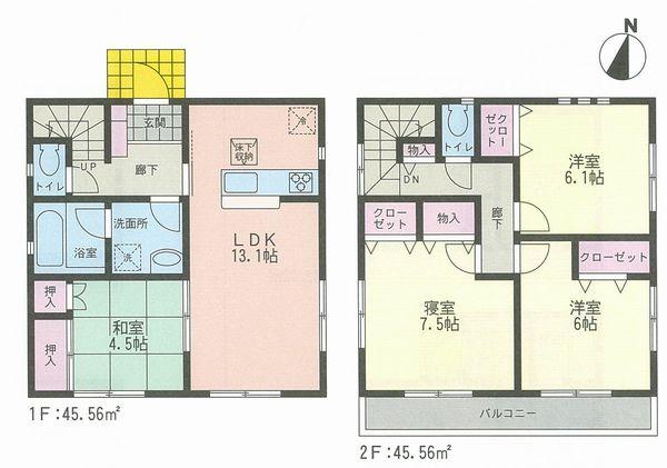 Floor plan. (1 Building), Price 32,800,000 yen, 4LDK, Land area 133.14 sq m , Building area 91.12 sq m