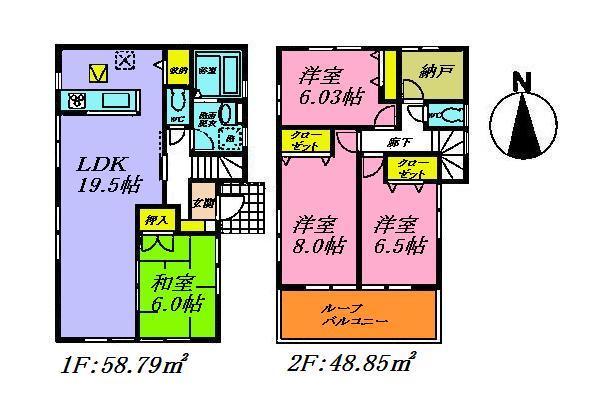 Floor plan. 58,800,000 yen, 4LDK + S (storeroom), Land area 140.67 sq m , 4SLDK of LDK9.5 Pledge and the main bedroom 8 pledge of building area 107.64 sq m face-to-face kitchen. In all room 6 Pledge or more there is also a storeroom.