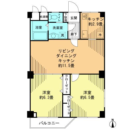 Floor plan. 2LDK, Price 19,800,000 yen, Occupied area 59.85 sq m , 2LDK of balcony area 2.88 sq m southeast angle room