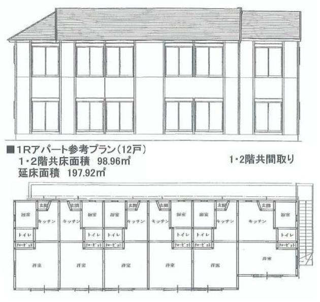 Building plan example (floor plan). Building plan example (1R apartment / 12 units) ・ Building area 98.92 sq m