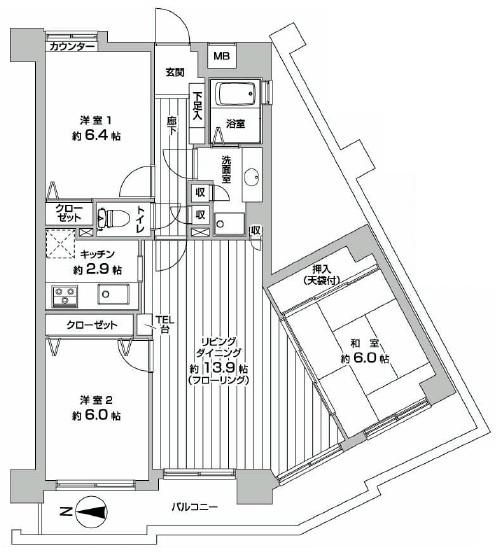 Floor plan. 3LDK, Price 23,990,000 yen, Occupied area 77.13 sq m , Balcony area 14.8 sq m