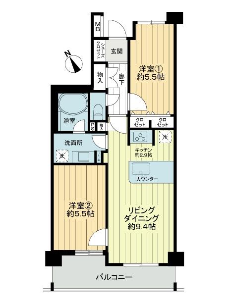Floor plan. 2LDK, Price 27,900,000 yen, Occupied area 55.46 sq m , Balcony area 8.01 sq m 2LDK