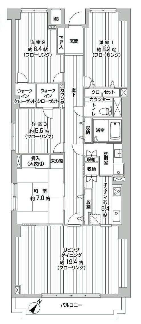 Floor plan. 4LDK, Price 45,800,000 yen, Footprint 127.38 sq m , Between the balcony area 8.7 sq m floor plan