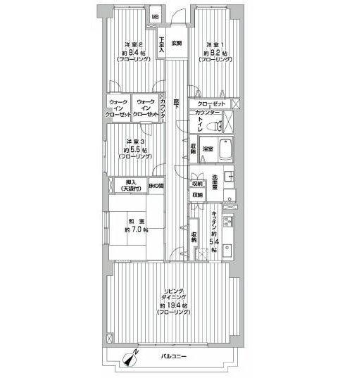 Floor plan. 4LDK, Price 45,800,000 yen, Footprint 127.38 sq m , Balcony area 8.7 sq m