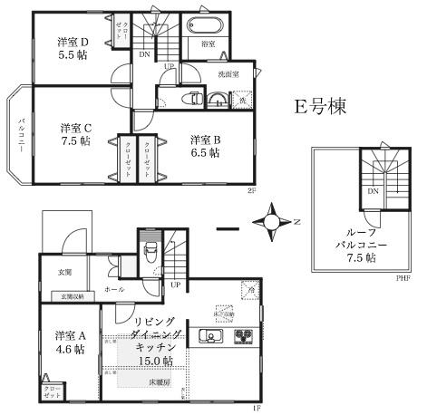 Floor plan. (E section), Price 41,800,000 yen, 4LDK, Land area 110.65 sq m , Building area 98.11 sq m