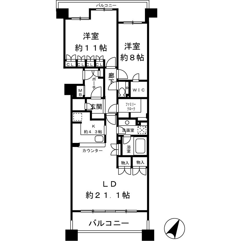 Floor plan. 2LDK, Price 52,800,000 yen, Footprint 103.08 sq m , Balcony area 23.91 sq m