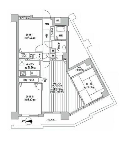 Floor plan. 3LDK, Price 23,990,000 yen, Occupied area 77.13 sq m , Balcony area 14.8 sq m
