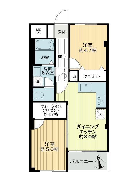 Floor plan. 2DK, Price 19,800,000 yen, Footprint 46.5 sq m , Balcony area 3.11 sq m