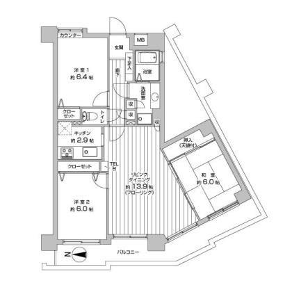 Floor plan. 3LDK, Price 23,990,000 yen, Occupied area 77.13 sq m , Balcony area 14.8 sq m floor plan.