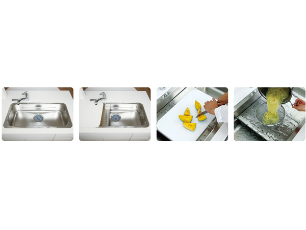Kitchen.  [Utility sink] Also wash Ease big thing in the wide sink width 900mm when the washing. Cooking time can widen the space of cooking by attaching a wide plate attached to the sink, Us grant more work efficiency.  ※ Some plate is optional. (Same specifications)