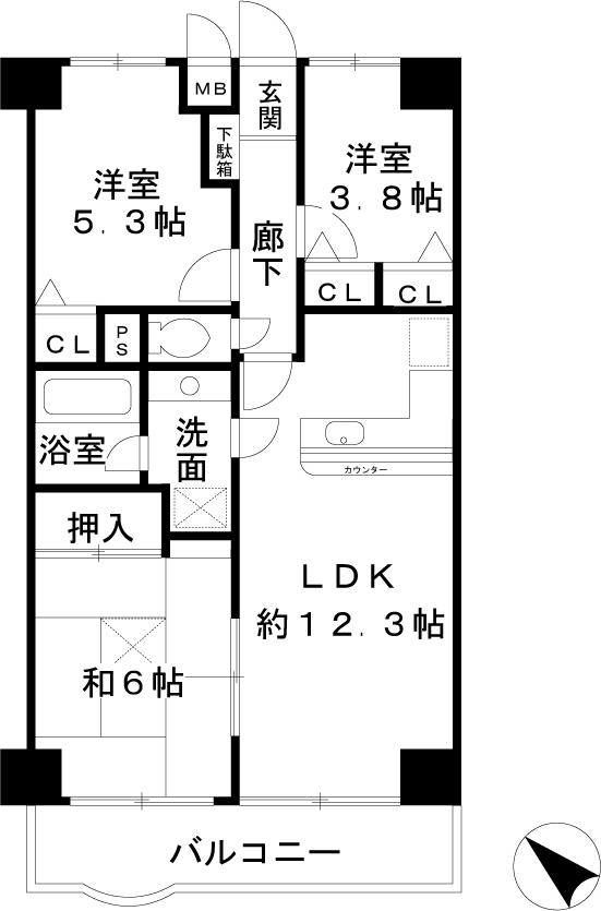 Floor plan. 3LDK, Price 17.5 million yen, Occupied area 62.64 sq m , Balcony area 7.15 sq m