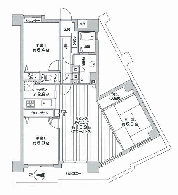 Floor plan. 3LDK, Price 24,990,000 yen, Occupied area 77.13 sq m , Balcony area 14.8 sq m