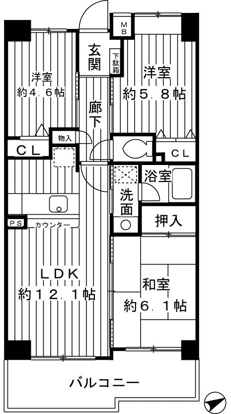 Floor plan. 3LDK, Price 27,800,000 yen, Footprint 59.3 sq m , Balcony area 8.77 sq m interior renovated