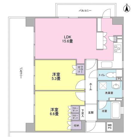 Floor plan. 2LDK, Price 26.5 million yen, Occupied area 62.17 sq m , Balcony area 23.41 sq m