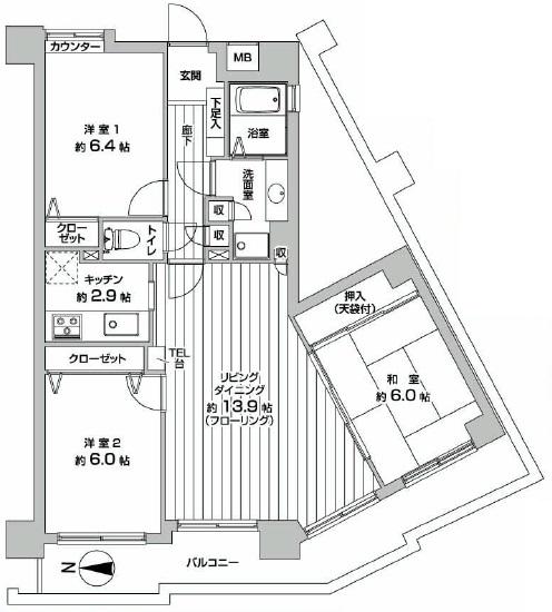 Floor plan. 3LDK, Price 24.5 million yen, Occupied area 77.13 sq m , Balcony area 14.8 sq m