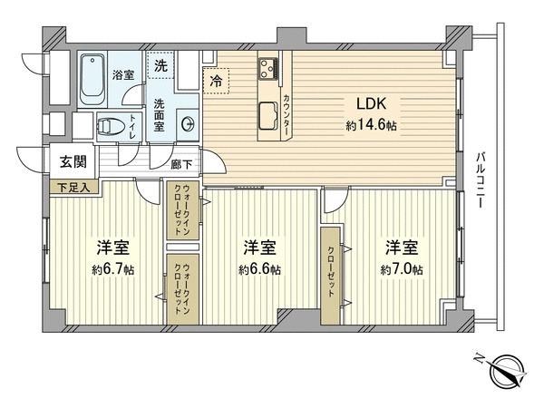 Floor plan. 3LDK, Price 33,800,000 yen, Footprint 75.6 sq m , Balcony area 8.64 sq m