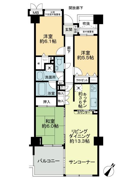 Floor plan. 3LDK, Price 29,800,000 yen, Occupied area 76.77 sq m , Balcony area 8.33 sq m