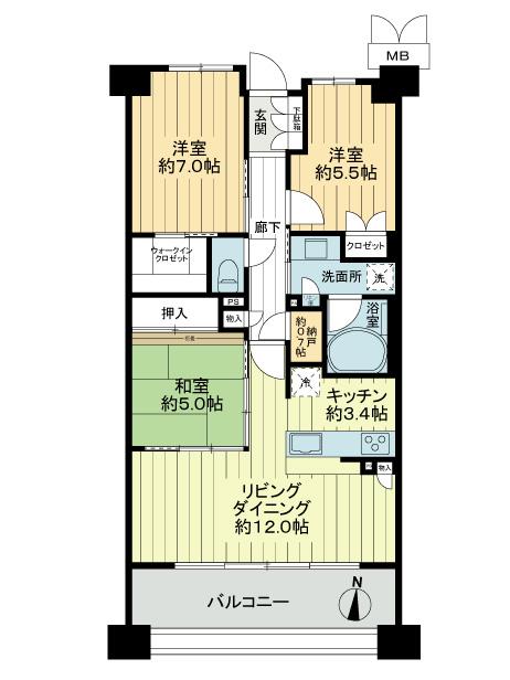 Floor plan. 3LDK + S (storeroom), Price 35,800,000 yen, Occupied area 75.28 sq m , Balcony area 12.8 sq m