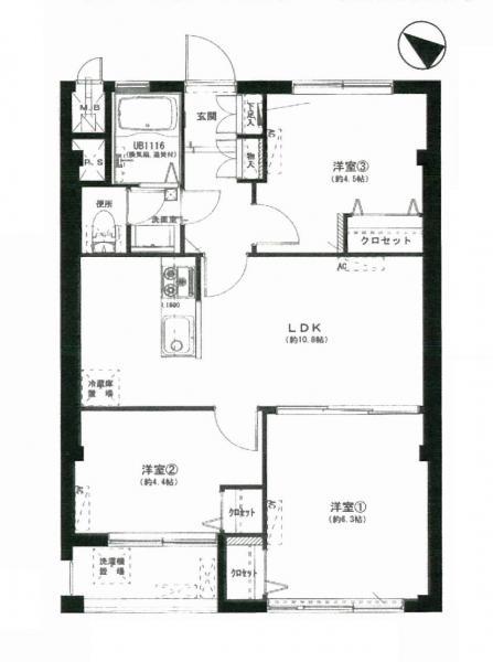 Floor plan. 3LDK, Price 16,900,000 yen, Occupied area 55.69 sq m , Balcony area 2.9 sq m