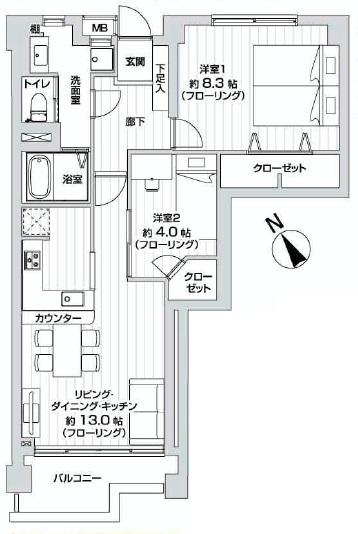 Floor plan. 2LDK, Price 16.4 million yen, Occupied area 61.49 sq m , Balcony area 3.92 sq m