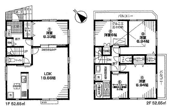 Floor plan. (3 Building), Price 46,300,000 yen, 4LDK+S, Land area 105.42 sq m , Building area 105.3 sq m