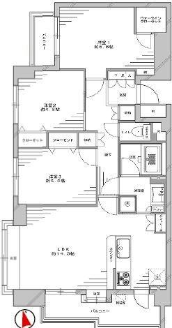 Floor plan. 3LDK, Price 39,800,000 yen, Occupied area 71.59 sq m , Balcony area 8.88 sq m