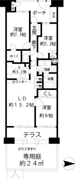 Floor plan. 3LDK, Price 40,300,000 yen, Dwelling unit with a private garden of the occupied area 78.96 sq m about 24 sq m ・ Large dog breeding Allowed (after union application)